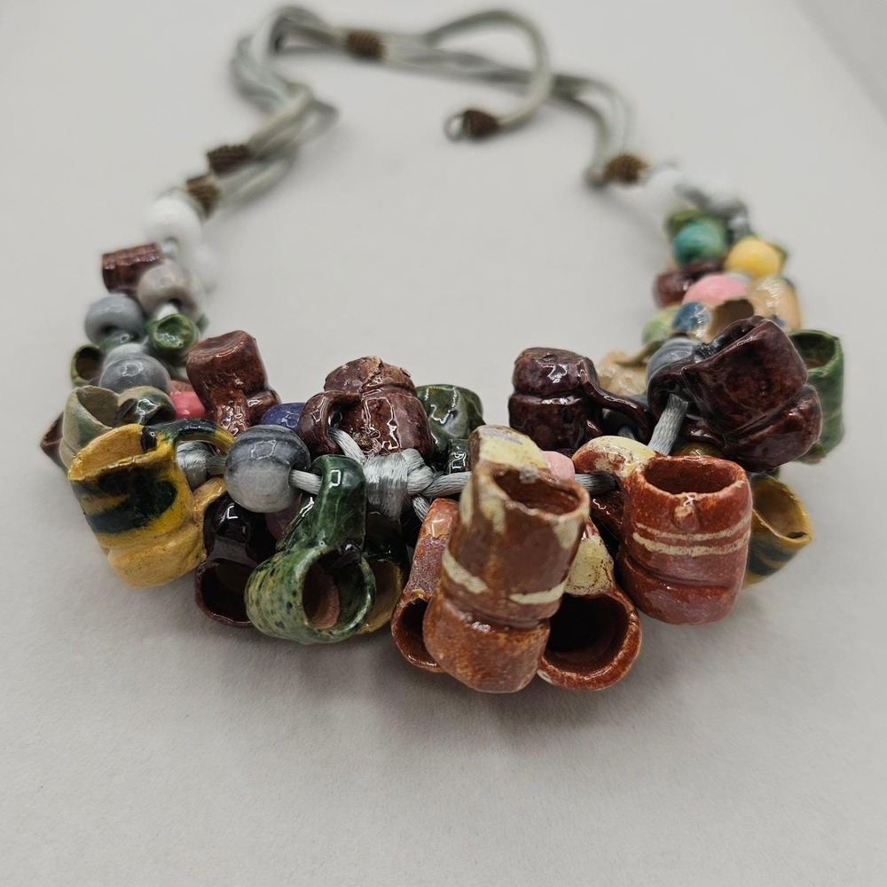 Vintage Folk Art Pottery Mug Bead Necklace Ceramic Tankard Bib Statement Boho - Picture 8 of 14
